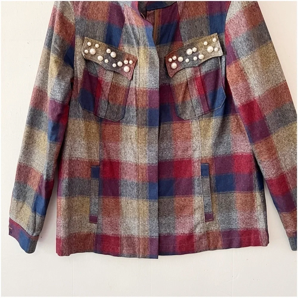 Cabi Plaid Collage Zip Front Jacket with Pearl Embellishment Style 3555 Medium
